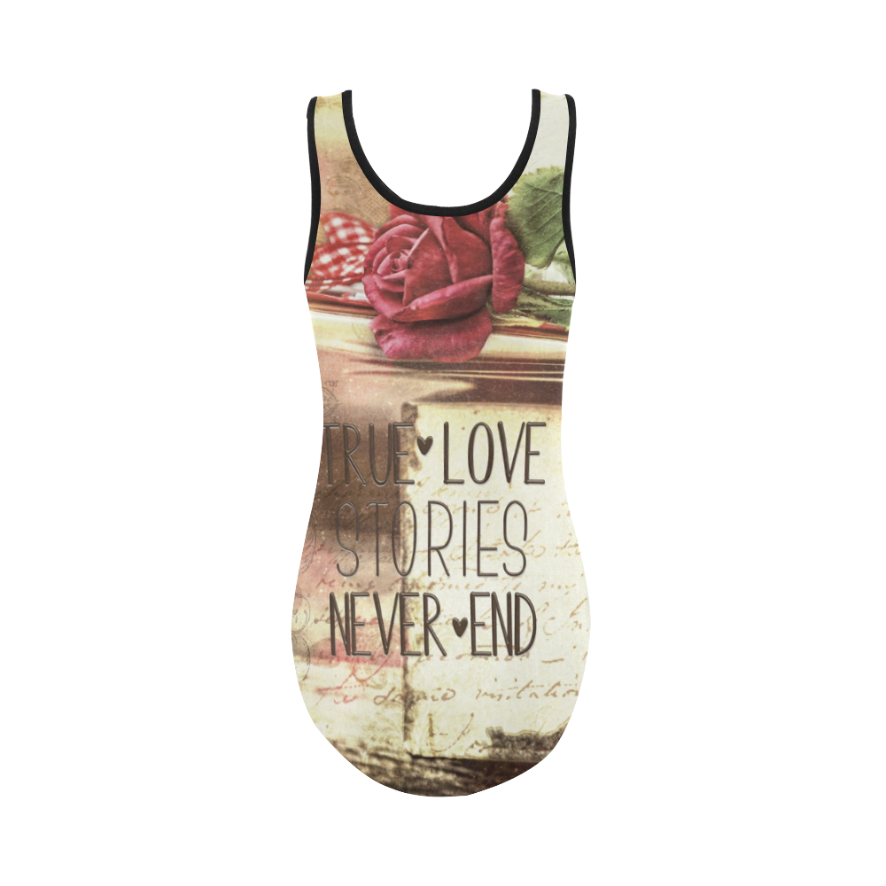 True love stories never end with vintage red rose Vest One Piece Swimsuit (Model S04)