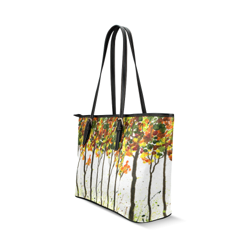 Fall Finger Print Art Trees Leather Tote Bag/Small (Model 1640)