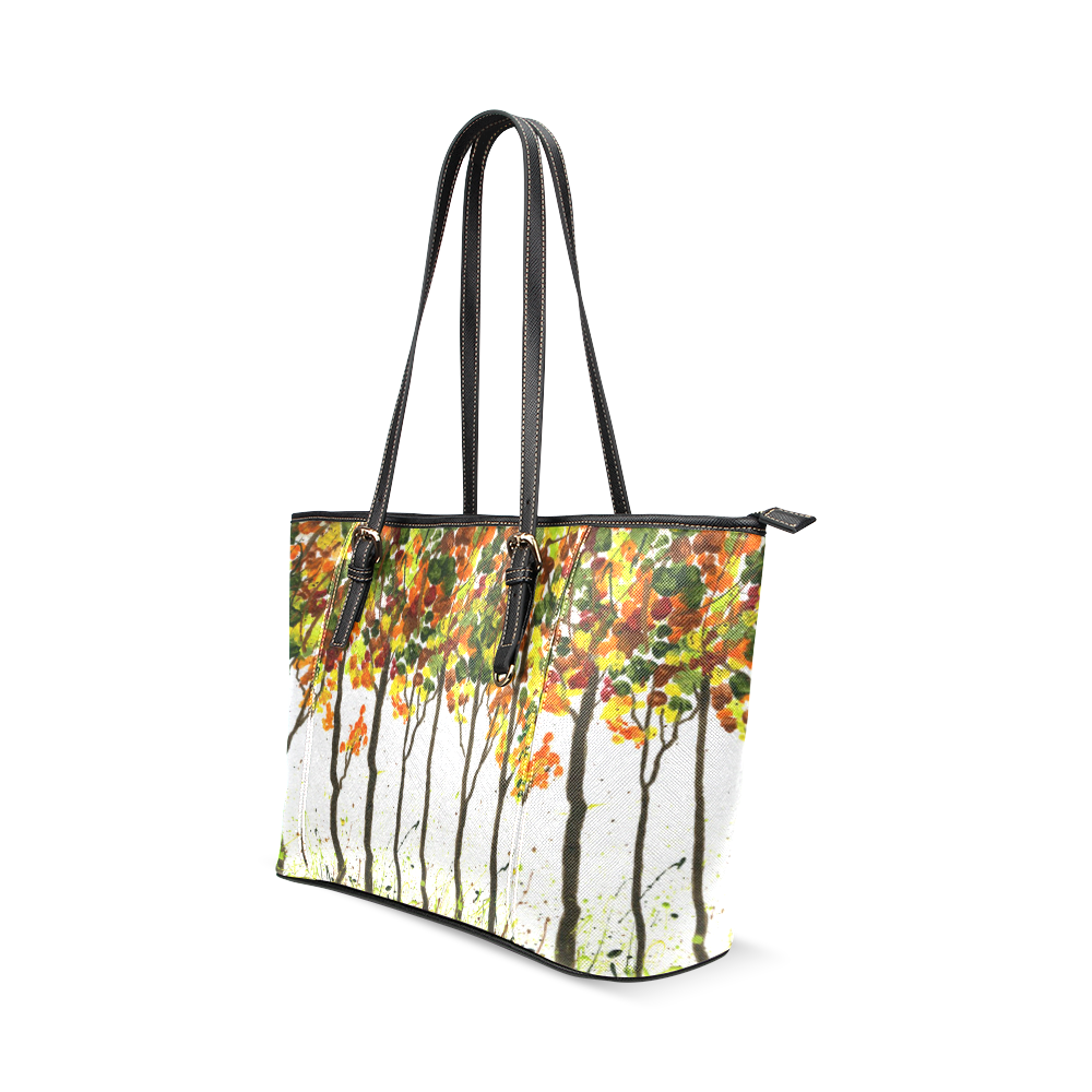 Fall Finger Print Art Trees Leather Tote Bag/Small (Model 1640)