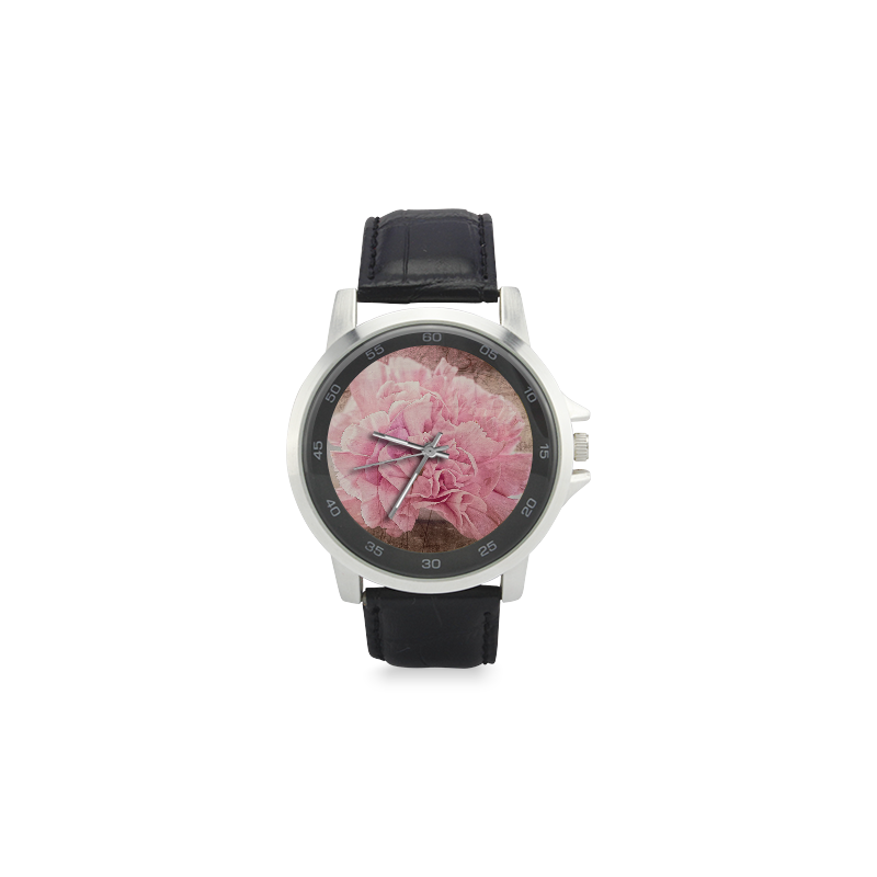 Vintage carnations on a spoon Unisex Stainless Steel Leather Strap Watch(Model 202)