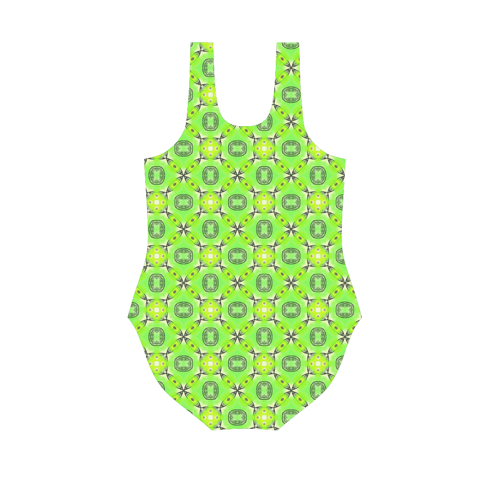 Vibrant Abstract Tropical Lime Foliage Lattice Vest One Piece Swimsuit (Model S04)