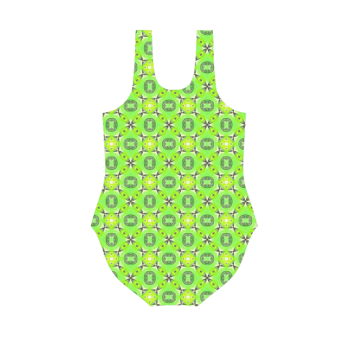 Vibrant Abstract Tropical Lime Foliage Lattice Vest One Piece Swimsuit (Model S04)