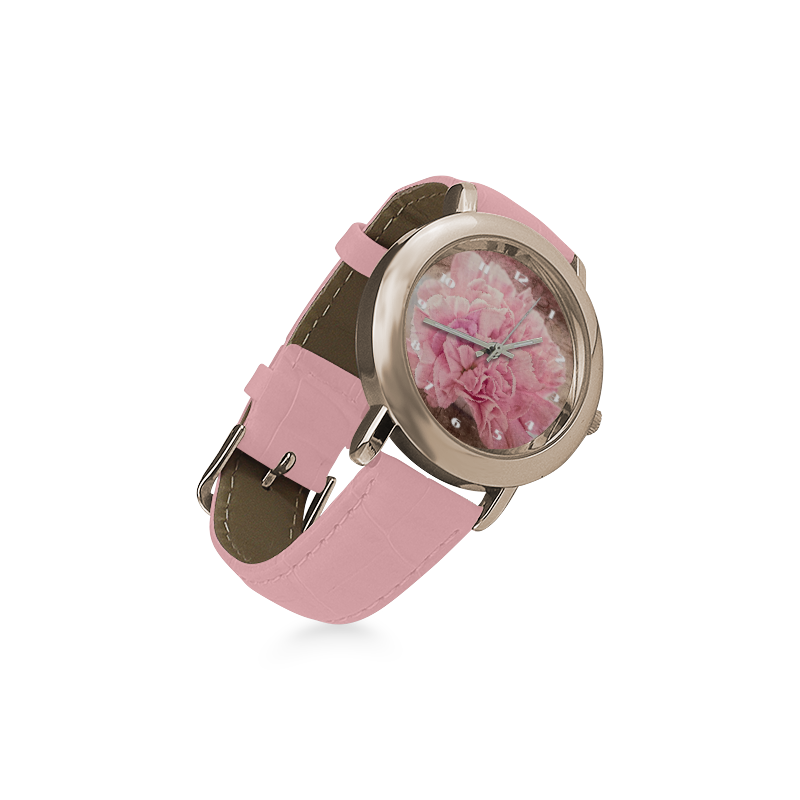 Vintage carnations on a spoon Women's Rose Gold Leather Strap Watch(Model 201)
