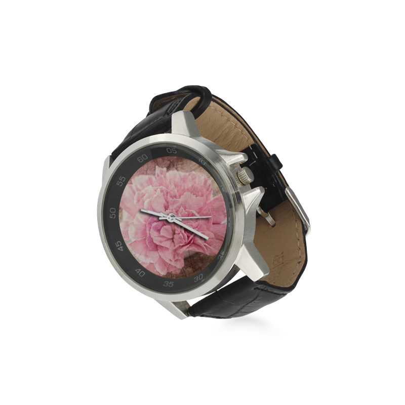 Vintage carnations on a spoon Unisex Stainless Steel Leather Strap Watch(Model 202)