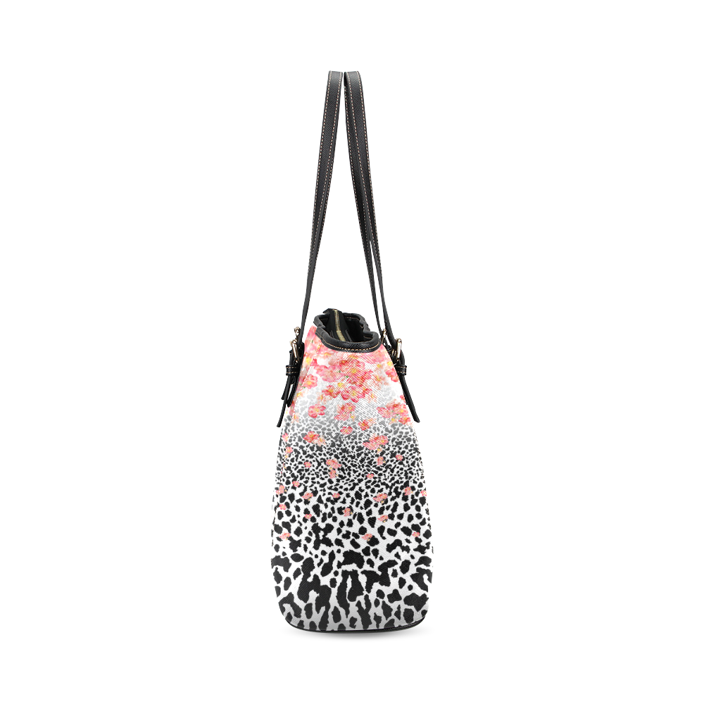 Leopard Skin With Flowers Leather Tote Bag/Small (Model 1640)