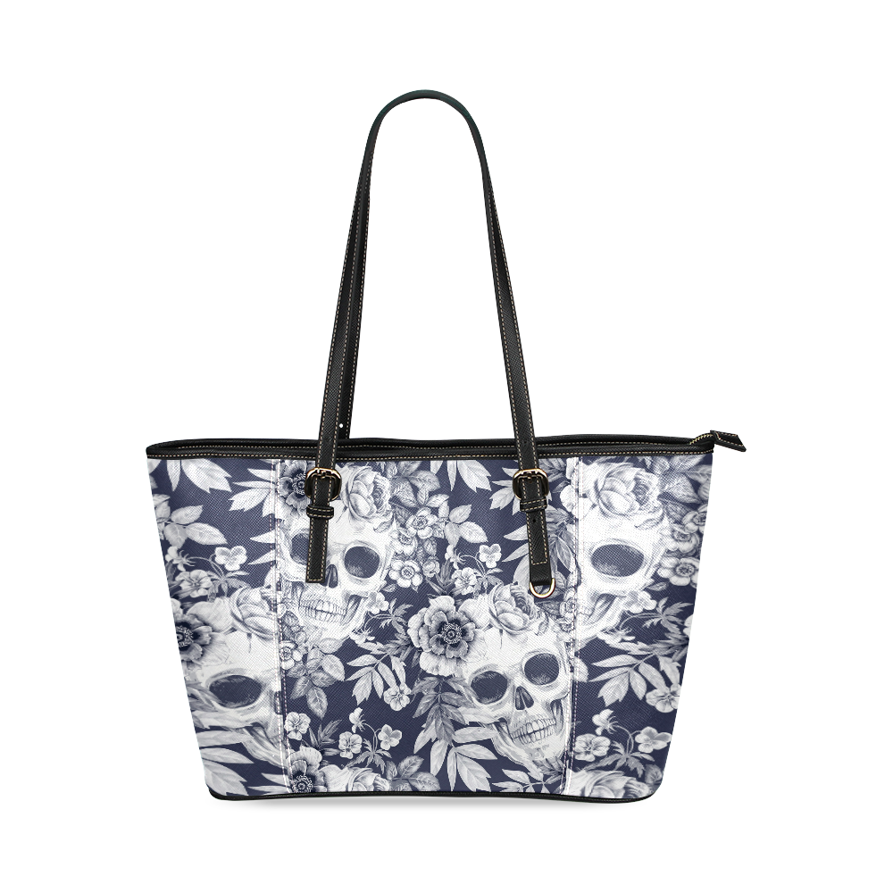 Garden Flowers And Skulls Leather Tote Bag/Small (Model 1640)