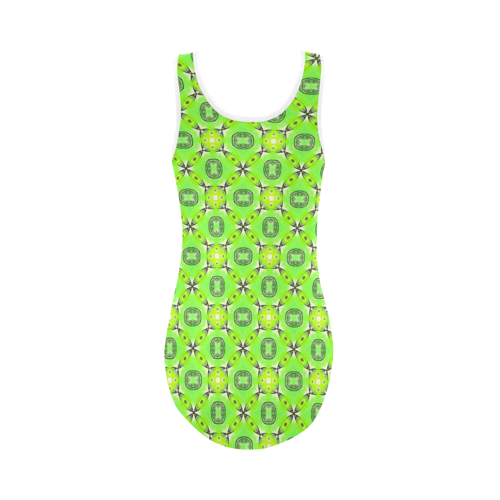 Vibrant Abstract Tropical Lime Foliage Lattice Vest One Piece Swimsuit (Model S04)