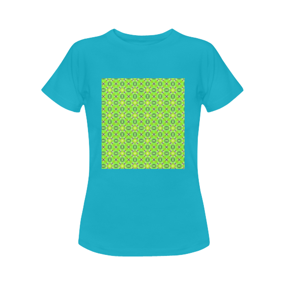 Vibrant Abstract Tropical Lime Foliage Lattice Teal Women's Classic T-Shirt (Model T17）