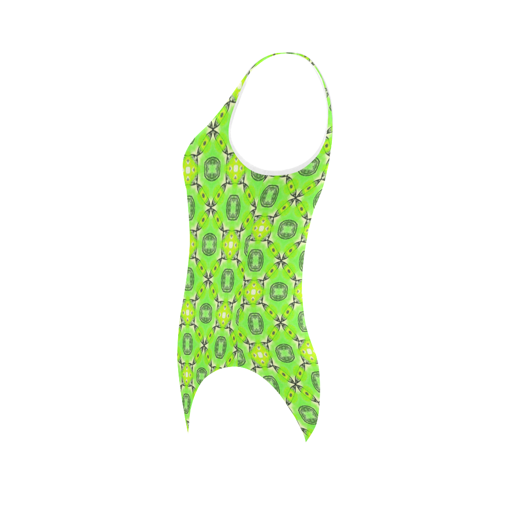 Vibrant Abstract Tropical Lime Foliage Lattice Vest One Piece Swimsuit (Model S04)