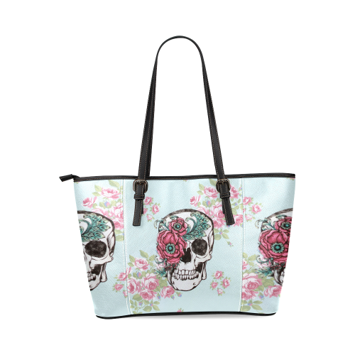 Skull with Flower Leather Tote Bag/Small (Model 1640)