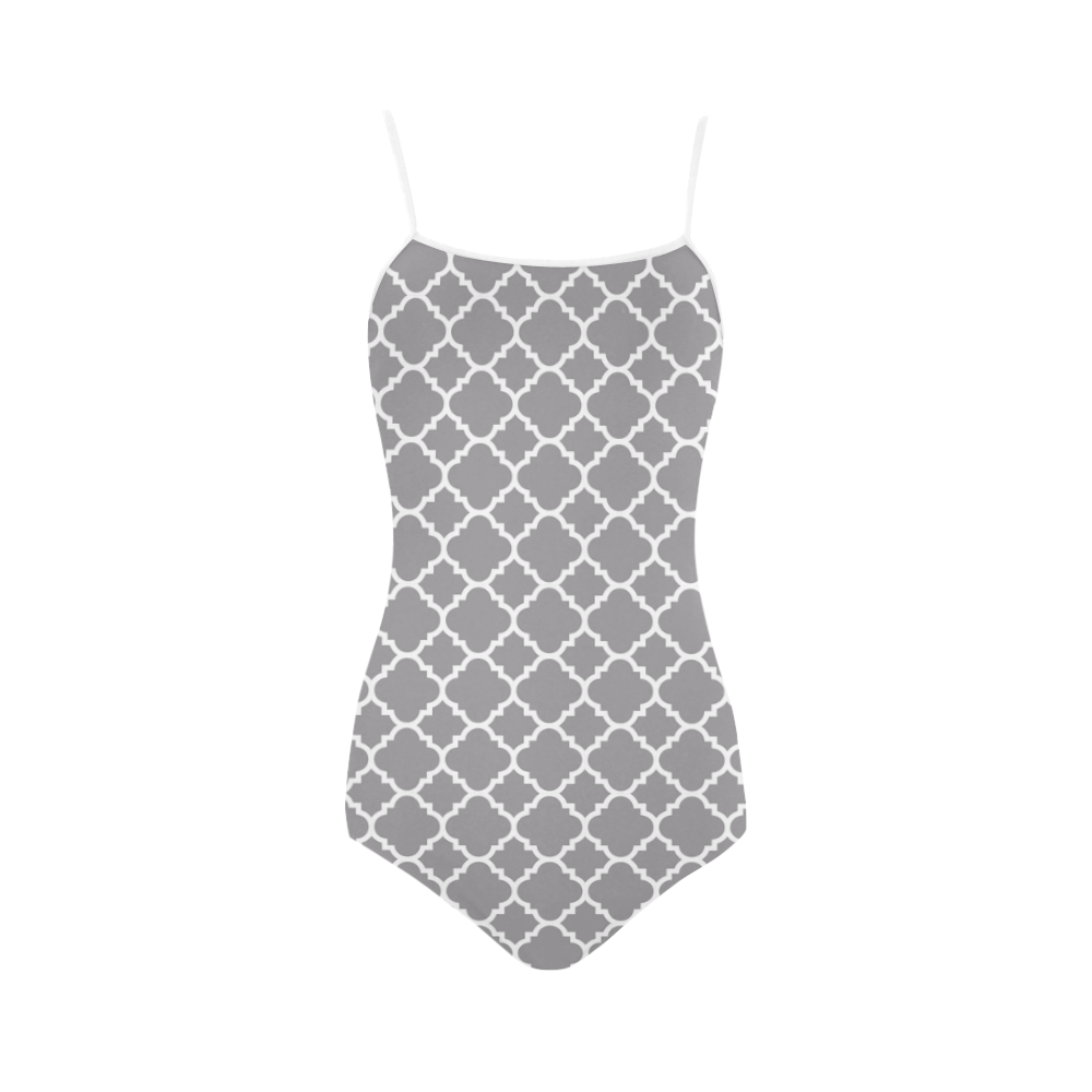 grey white quatrefoil classic pattern Strap Swimsuit ( Model S05)