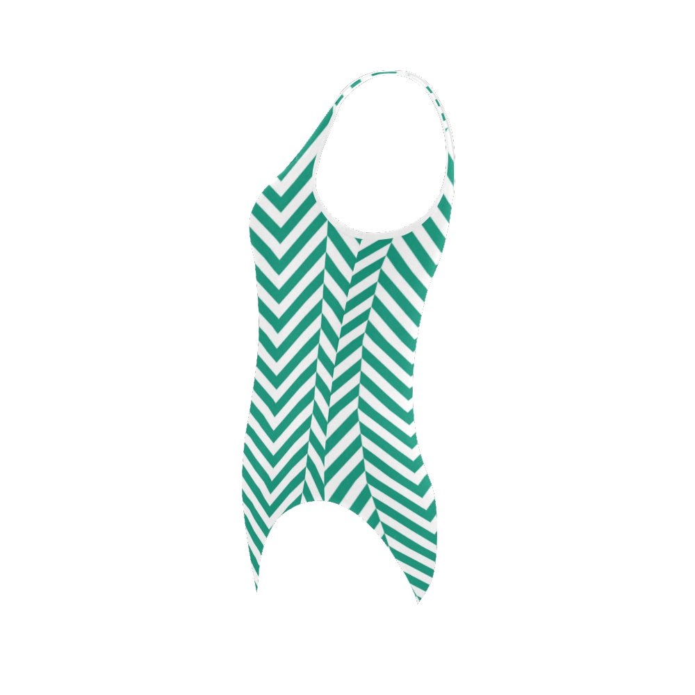 emerald green and white classic chevron pattern Vest One Piece Swimsuit (Model S04)