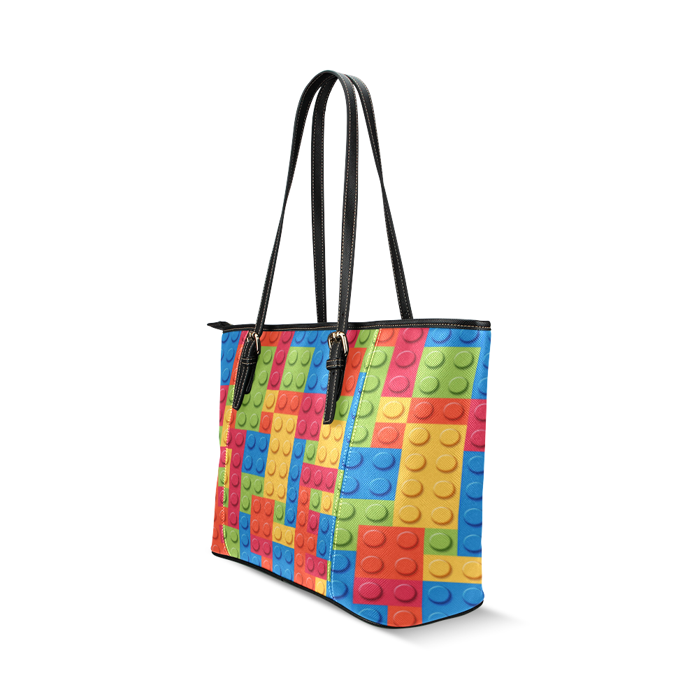 Colorful Lego Blocks Leather Tote Bag/Small (Model 1640)