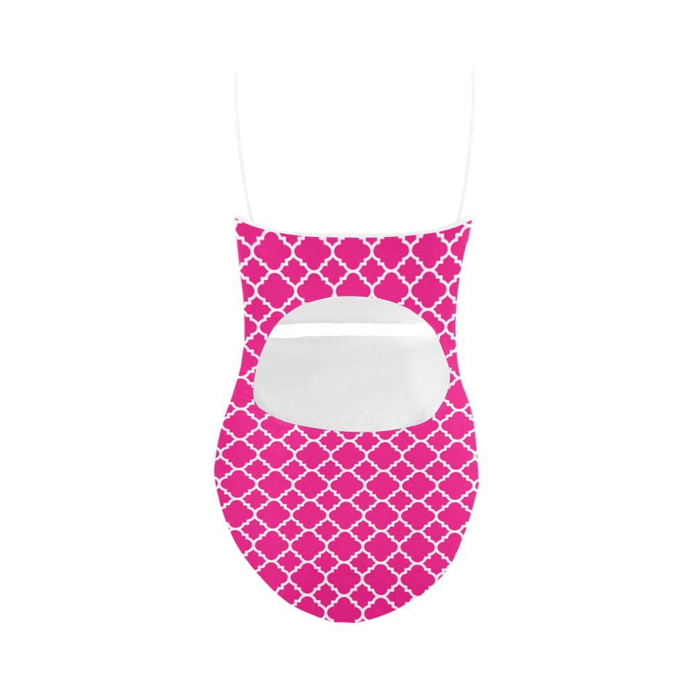 hot pink white quatrefoil classic pattern Strap Swimsuit ( Model S05)