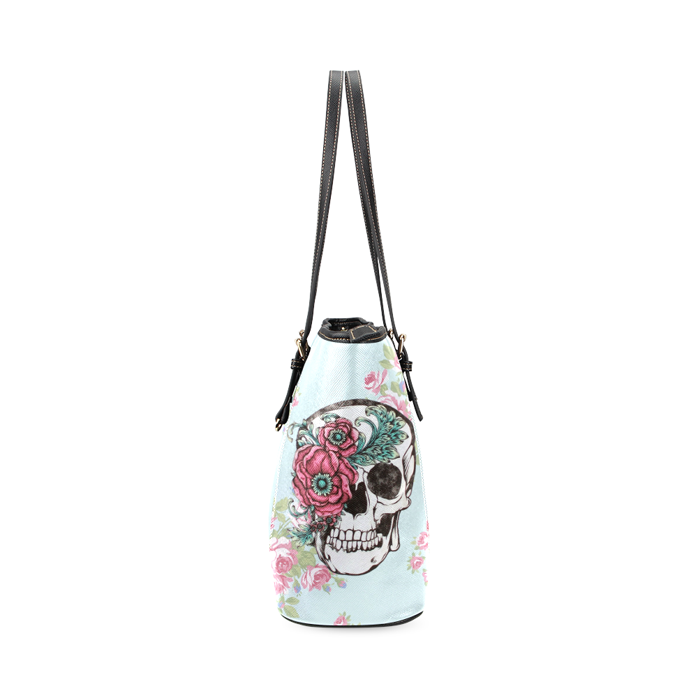 Skull with Flower Leather Tote Bag/Small (Model 1640)