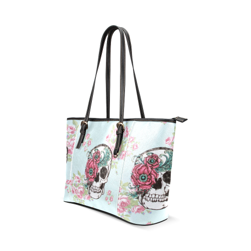 Skull with Flower Leather Tote Bag/Small (Model 1640)