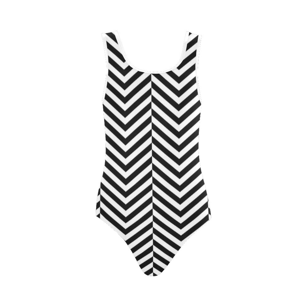 black and white classic chevron pattern Vest One Piece Swimsuit (Model ...