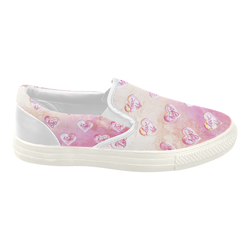Vintage Pink Hearts with Love Words Women's Slip-on Canvas Shoes (Model 019)