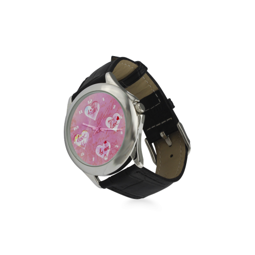 Vintage Pink Hearts with Love Words Women's Classic Leather Strap Watch(Model 203)