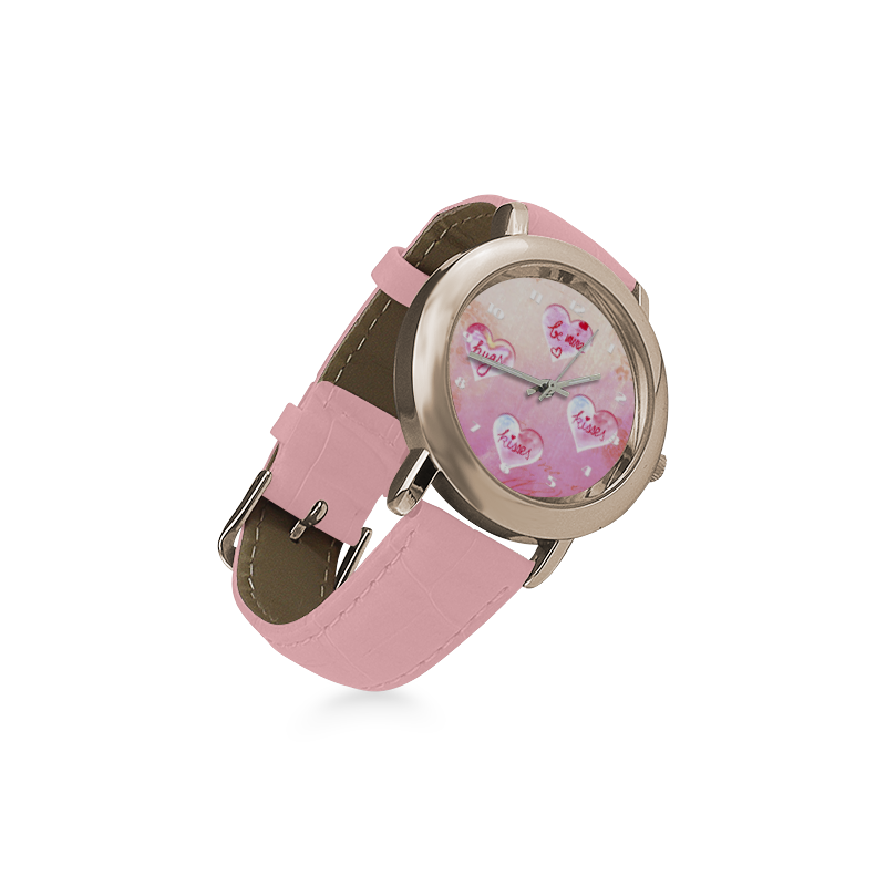 Vintage Pink Hearts with Love Words Women's Rose Gold Leather Strap Watch(Model 201)