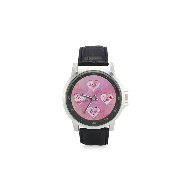 Vintage Pink Hearts with Love Words Unisex Stainless Steel Leather Strap Watch(Model 202)