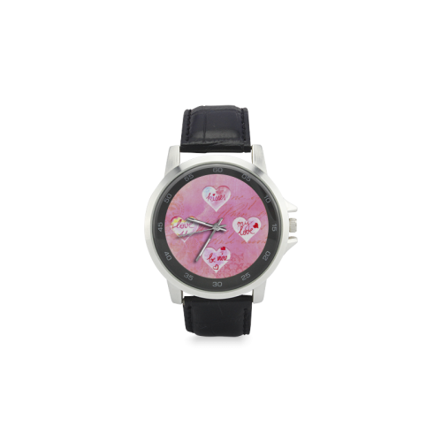 Vintage Pink Hearts with Love Words Unisex Stainless Steel Leather Strap Watch(Model 202)