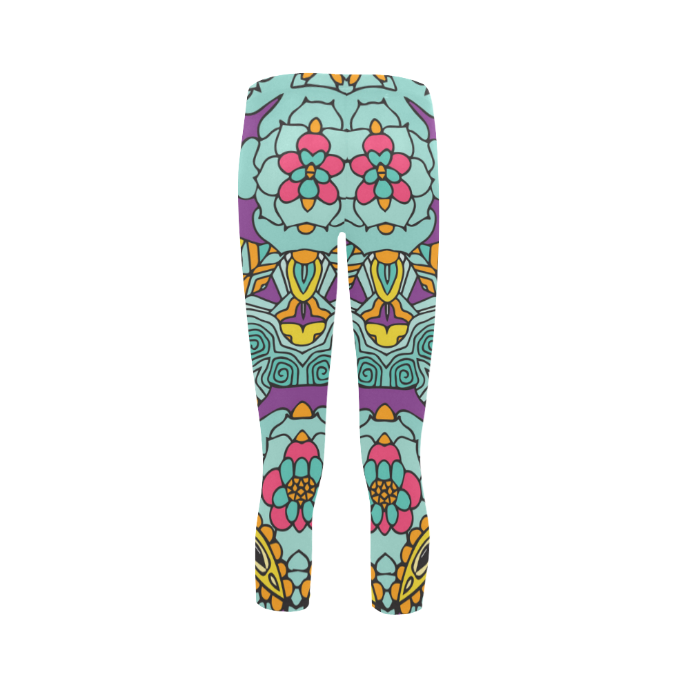 Mariager-bold flowers,blue,purple,yellow floral Capri Legging (Model L02)