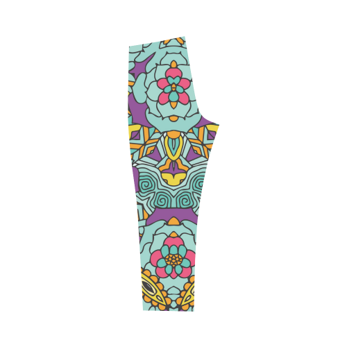 Mariager-bold flowers,blue,purple,yellow floral Capri Legging (Model L02)