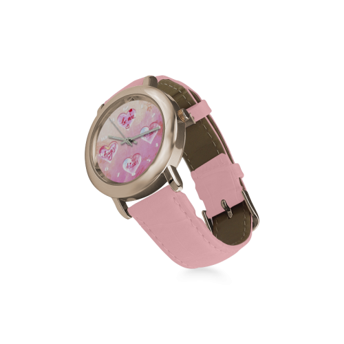 Vintage Pink Hearts with Love Words Women's Rose Gold Leather Strap Watch(Model 201)