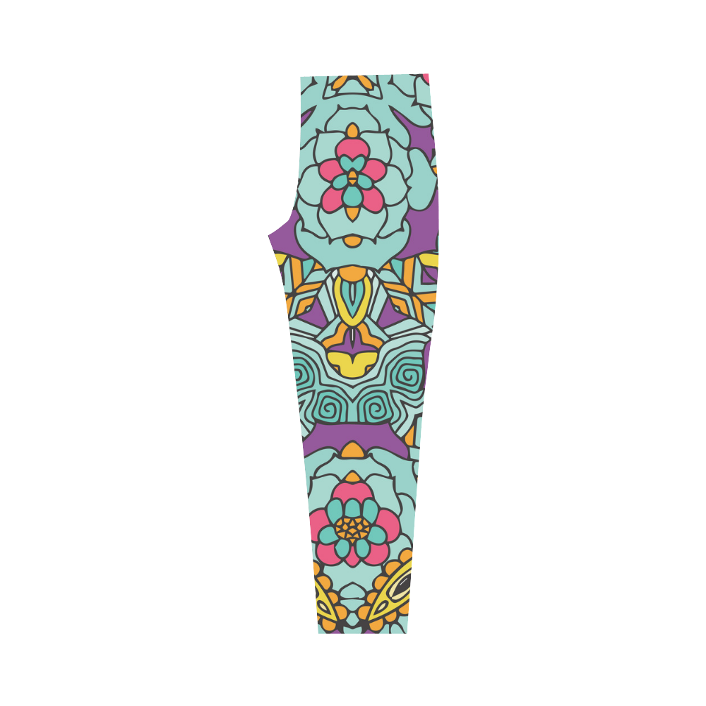 Mariager-bold flowers,blue,purple,yellow floral Capri Legging (Model L02)