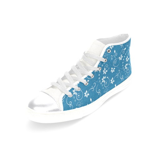 Blue and White Floral Women's Classic High Top Canvas Shoes (Model 017)