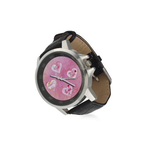 Vintage Pink Hearts with Love Words Unisex Stainless Steel Leather Strap Watch(Model 202)