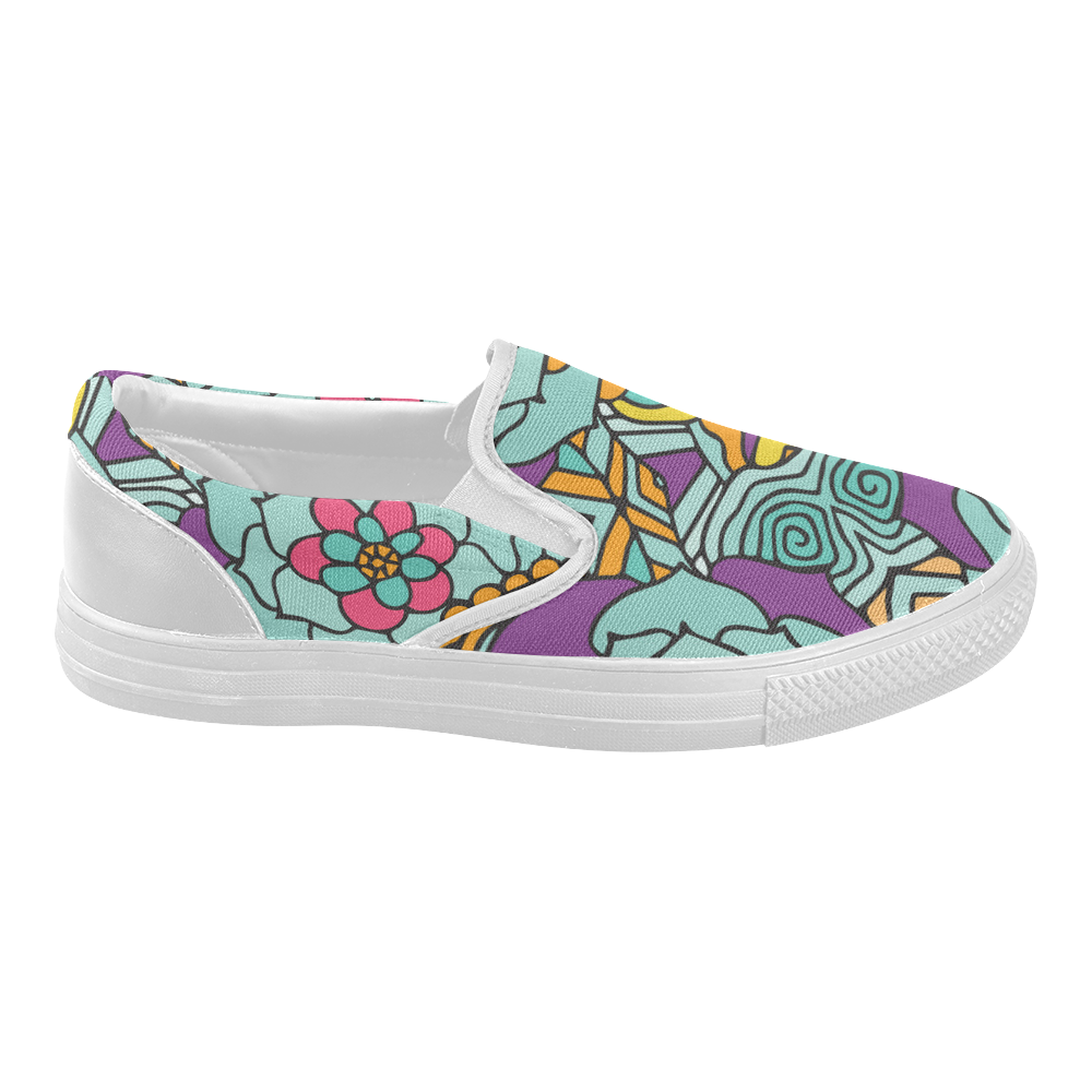 Mariager-bold flowers,blue,purple,yellow floral Women's Slip-on Canvas Shoes (Model 019)