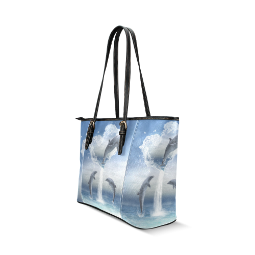 The Heart Of The Dolphins Leather Tote Bag/Large (Model 1640)
