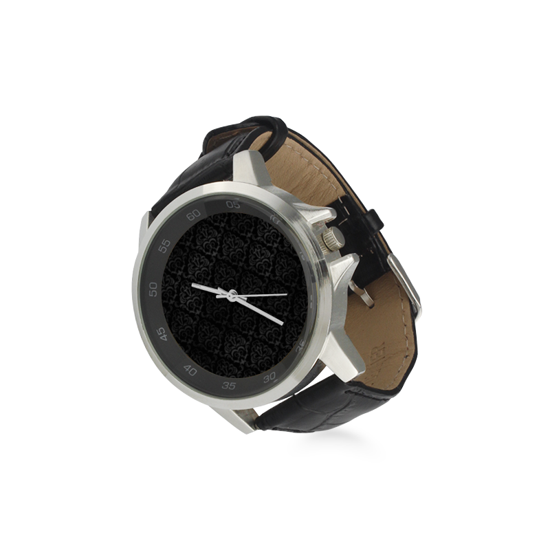 Black Grey Damasks Unisex Stainless Steel Leather Strap Watch(Model 202)