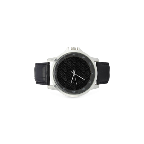 Black Grey Damasks Unisex Stainless Steel Leather Strap Watch(Model 202)