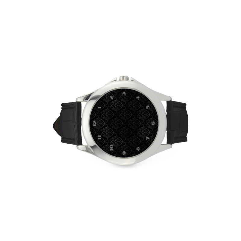 Black Grey Damasks Women's Classic Leather Strap Watch(Model 203)