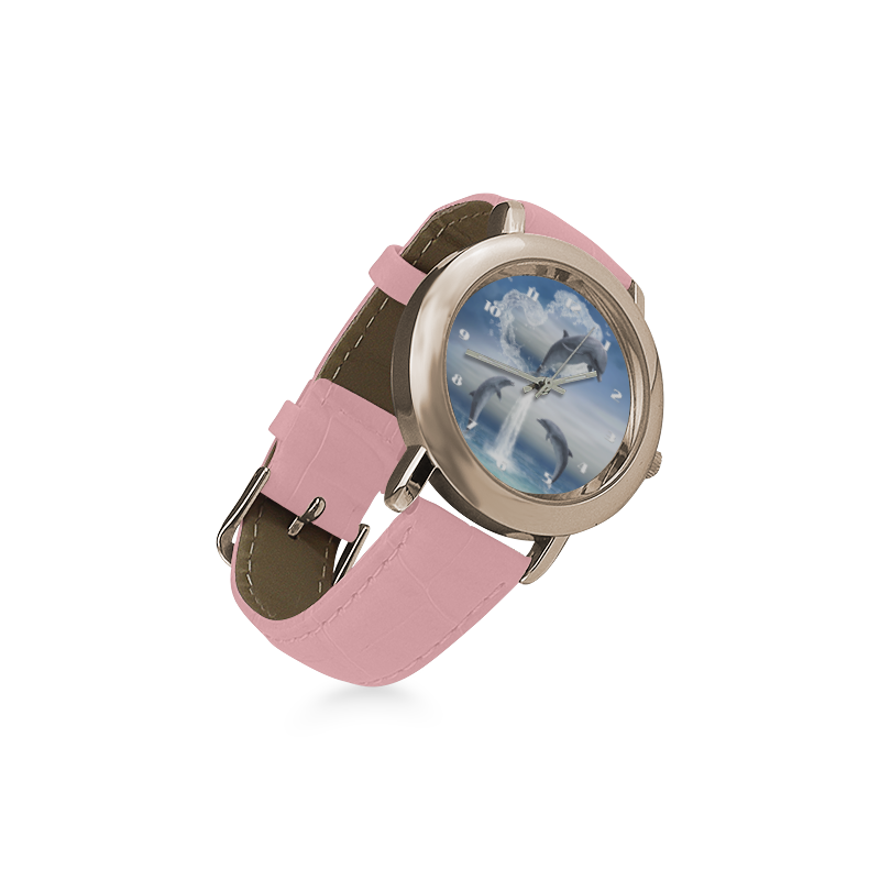 The Heart Of The Dolphins Women's Rose Gold Leather Strap Watch(Model 201)