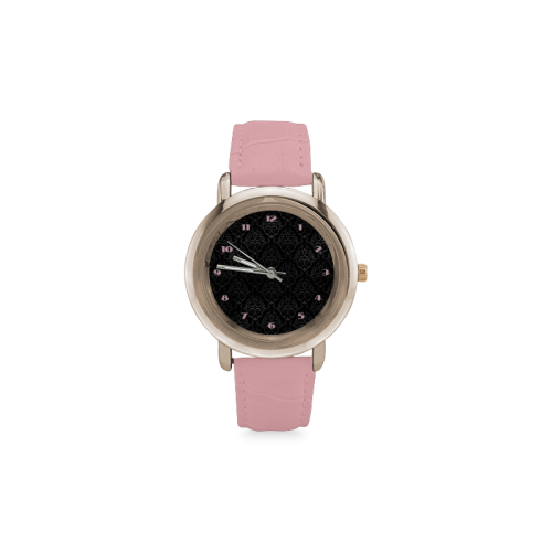 Black Grey Damasks Women's Rose Gold Leather Strap Watch(Model 201)
