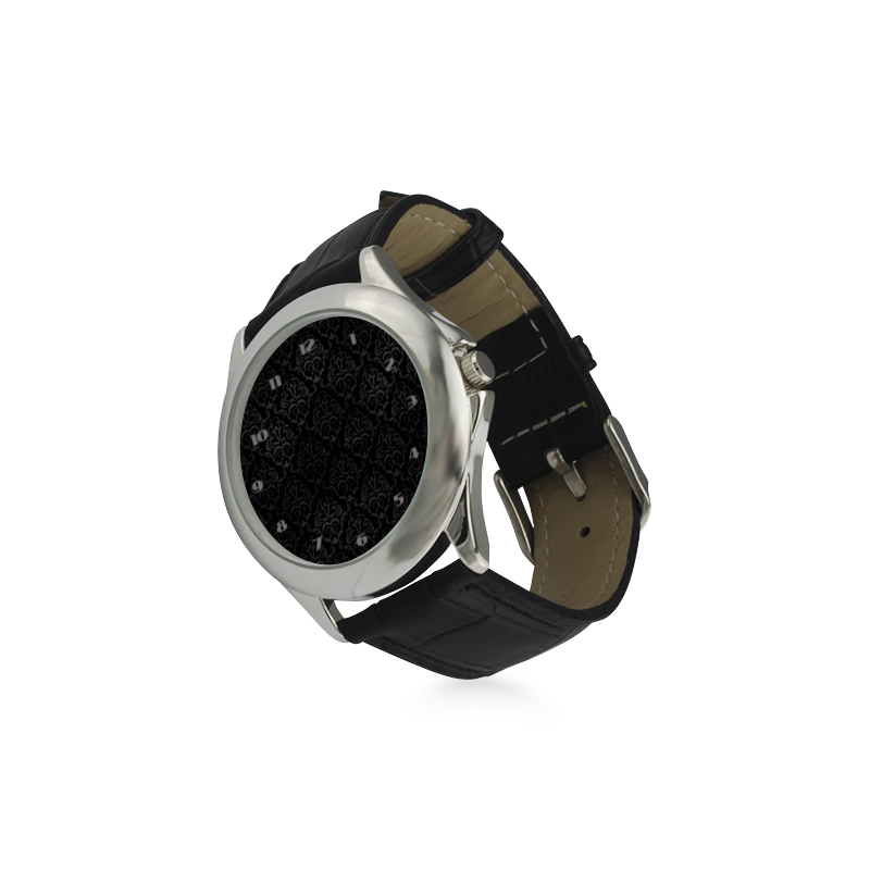 Black Grey Damasks Women's Classic Leather Strap Watch(Model 203)