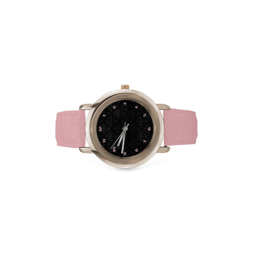 Black Grey Damasks Women's Rose Gold Leather Strap Watch(Model 201)