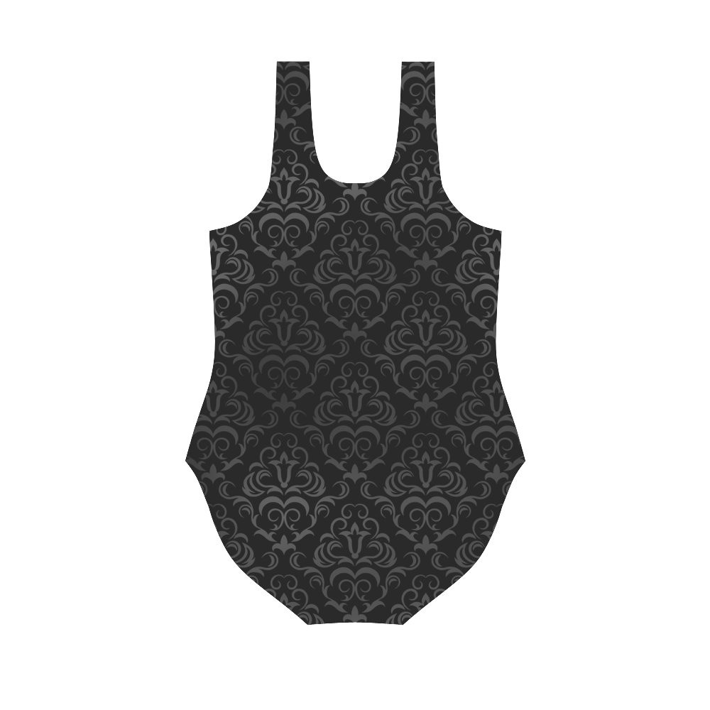 Black Grey Damasks Vest One Piece Swimsuit (Model S04)