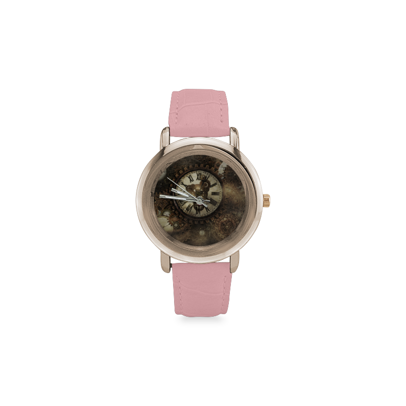 Vintage Steampunk Clocks Women's Rose Gold Leather Strap Watch(Model 201)