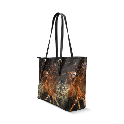 Giraffe with sunglasses Leather Tote Bag/Large (Model 1640)
