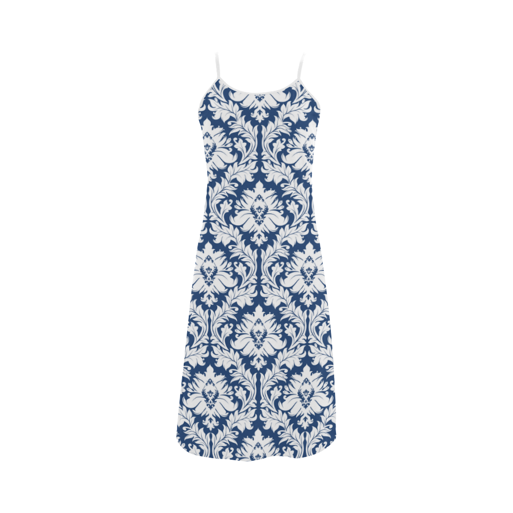 damask pattern navy blue and white Alcestis Slip Dress (Model D05)