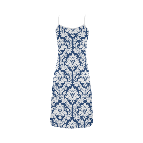 damask pattern navy blue and white Alcestis Slip Dress (Model D05)