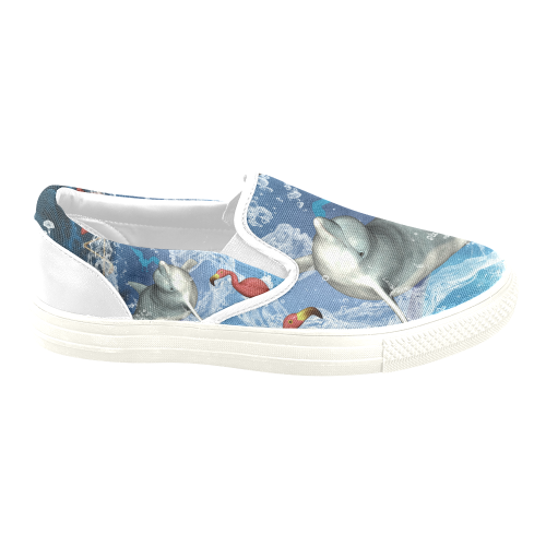 Dolphin with flamingo Women's Unusual Slip-on Canvas Shoes (Model 019)