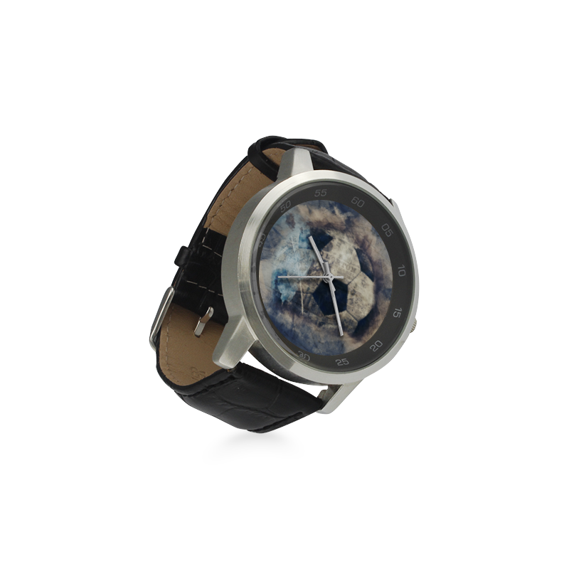Abstract Blue Grunge Soccer Unisex Stainless Steel Leather Strap Watch(Model 202)
