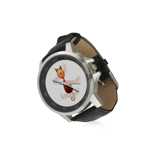 Treble Clef Cat Unisex Stainless Steel Leather Strap Watch(Model 202)
