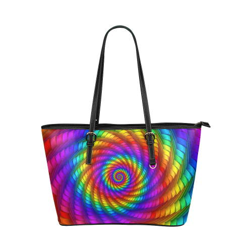 Pyschedelic Rainbow Spiral Leather Tote Bag/Small (Model 1651)